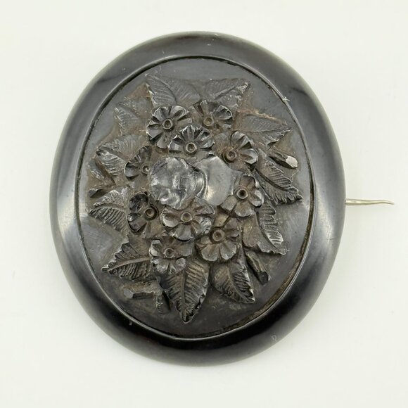 Whitby Jet Forget Me Not Carved Mourning Brooch, Antique Victorian, Rare  (SOLD) - Picture 1 of 8